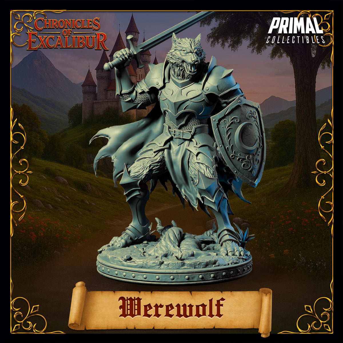 A statue of a werewolf, wearing armor and holding a sword, stands in front of a castle in a fantasy setting.