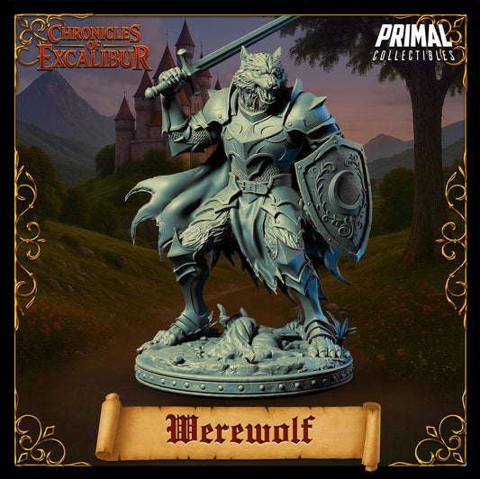 A statue of a werewolf, wearing armor and holding a sword, stands in front of a castle in a fantasy setting.