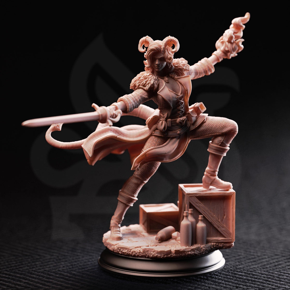 A detailed figurine of a female character with horns, wearing a fur-trimmed outfit and wielding a sword, standing on a platform with various objects around her.