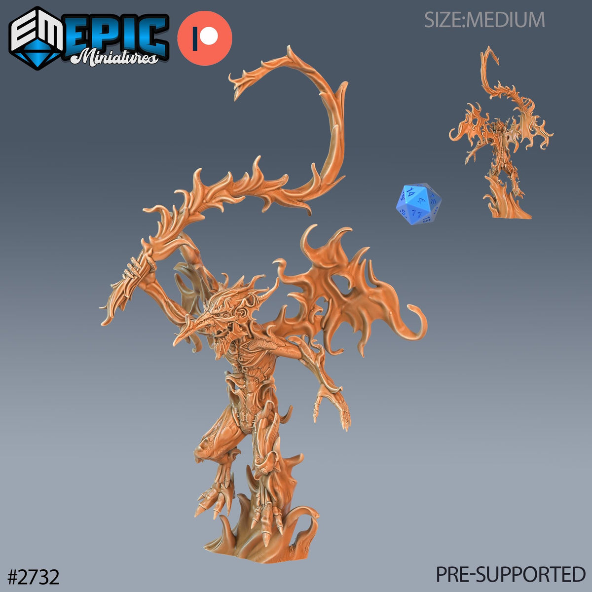 The image is a 3D rendering of a fantastical creature, possibly a dragon or a mythical being, with intricate details and a fiery, orange-colored appearance. The creature is depicted in a dynamic pose, with its wings spread wide and a blue gemstone or gem-like object in its hand. The image is a collage of multiple smaller images, and it is pre-supported, meaning it is ready for use in a game or other creative project.
