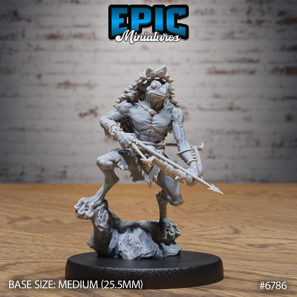 A figurine of a fierce-looking creature, possibly a dragon or a monster, standing on a rock and holding a weapon. The figurine is displayed on a black base, and the background is a brick wall.