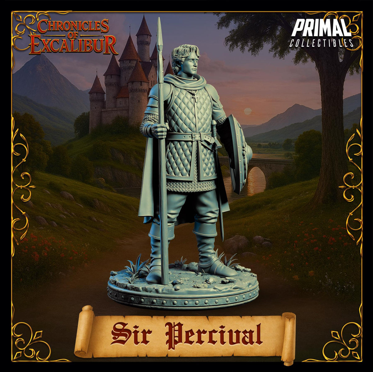 a statue of a knight holding a shield and sword, standing in front of a castle in a medieval setting.