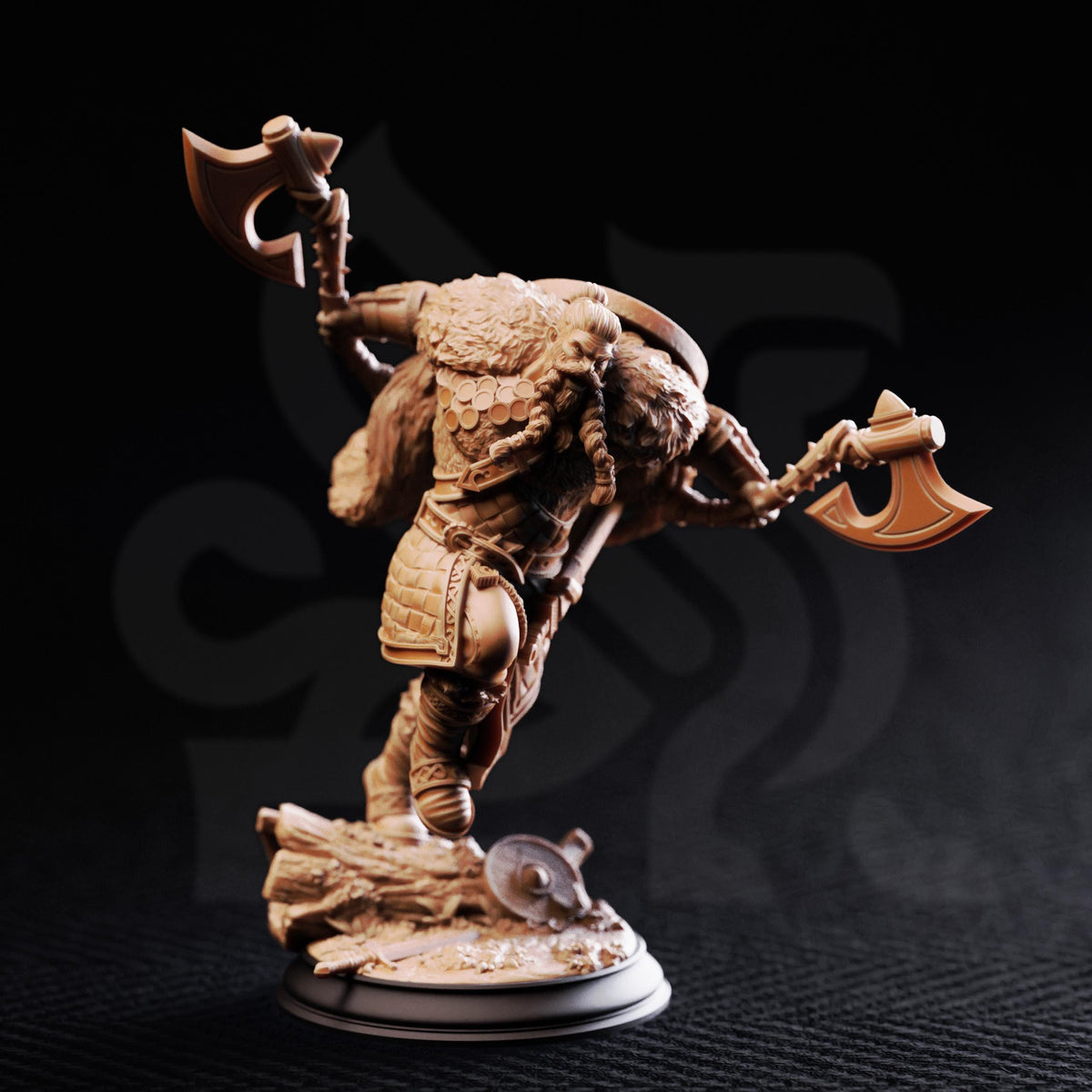 A detailed figurine of a warrior wielding two large axes, standing on a base and facing to the right.