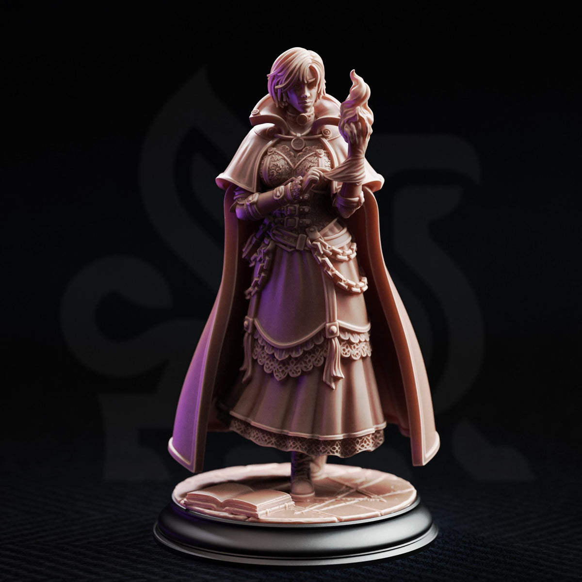 A figurine of a woman in a long dress and cape, holding a staff, standing on a pedestal against a dark background.