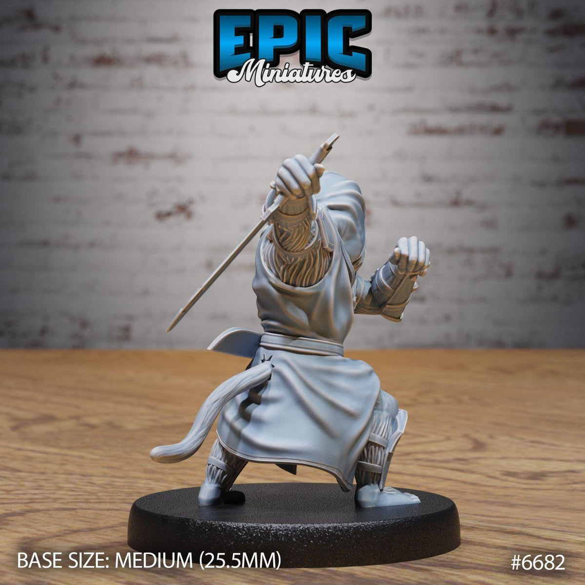 A figurine of a warrior character, likely from the video game Epic Miniatures, is displayed on a black base. The figurine is holding a sword and appears to be in a fighting stance.