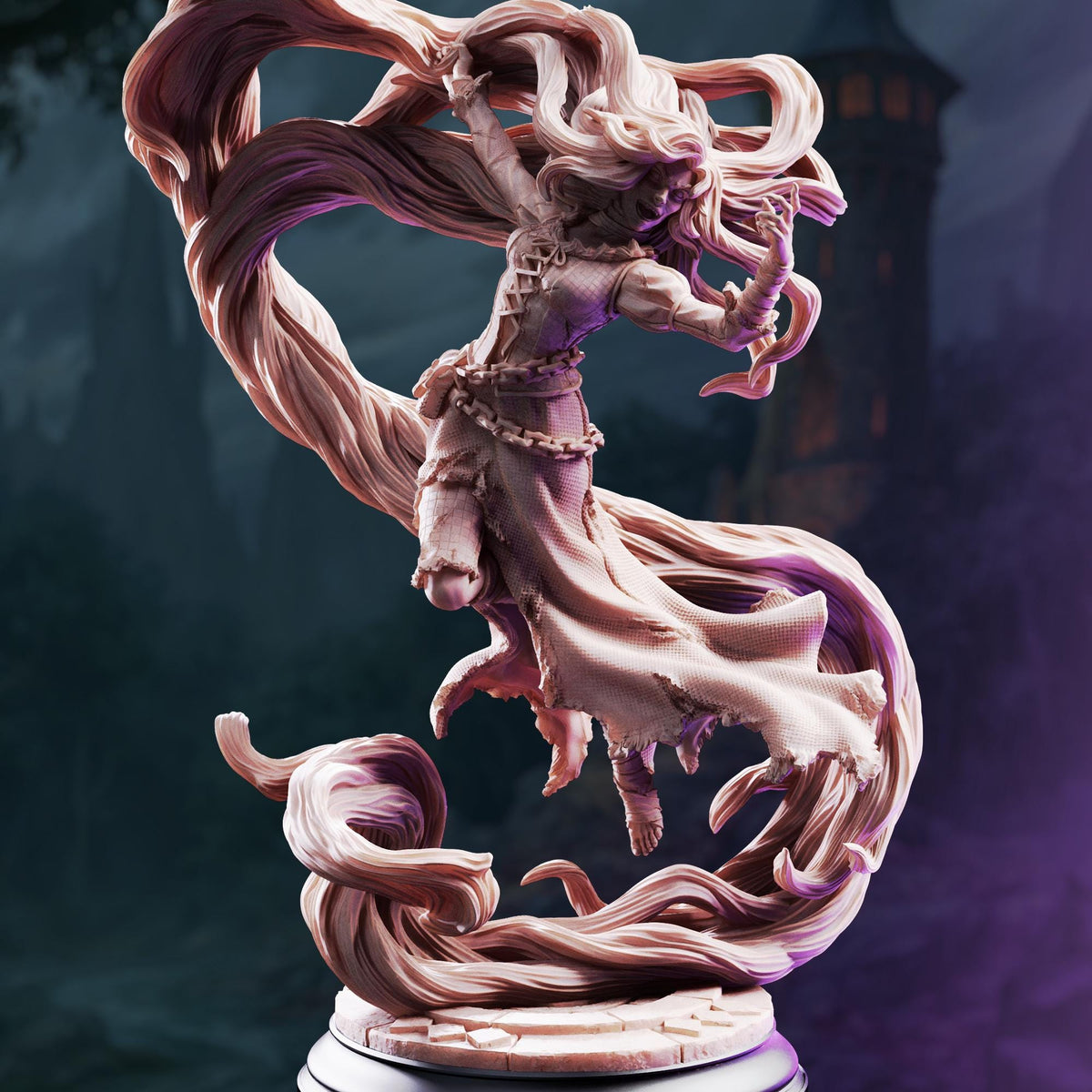 A detailed 3D rendering of a fantastical female figure with flowing hair and a flowing dress, standing on a pedestal and appearing to be in motion.