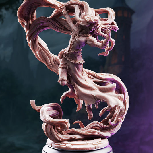 A detailed 3D rendering of a fantastical female figure with flowing hair and a flowing dress, standing on a pedestal and appearing to be in motion.