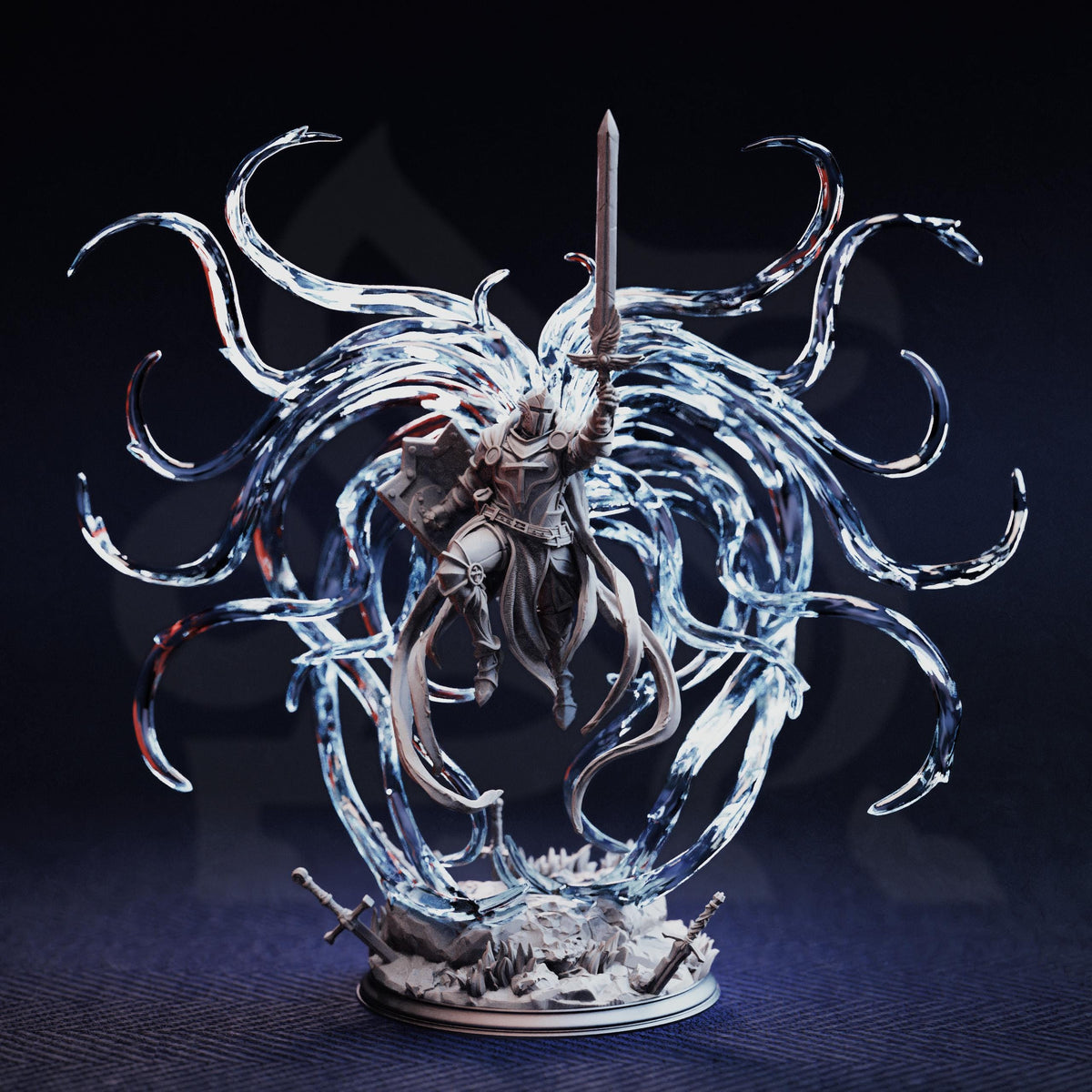 A figurine of a knight holding a sword and shield, surrounded by a swirling, ethereal energy or aura.