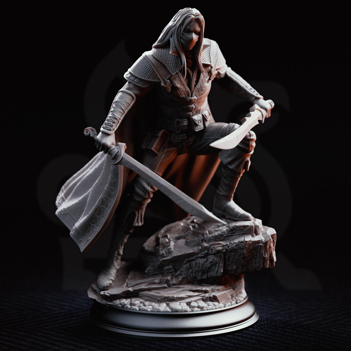A detailed 3D model of a warrior figure, holding a sword and shield, standing on a rocky base against a dark background.
