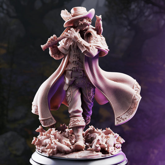 A detailed 3D model of a character wearing a hat and holding a musical instrument, standing on a base with a pile of pigs in front of them.