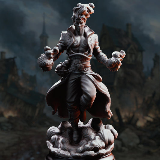 A detailed 3D model of a character with a fierce expression, standing in a dark, stormy environment with a castle-like structure in the background.