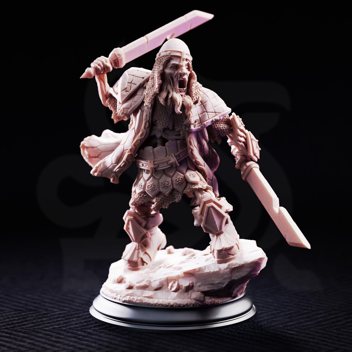 A detailed figurine of a warrior figure, holding a sword and shield, standing on a rocky base against a dark background.