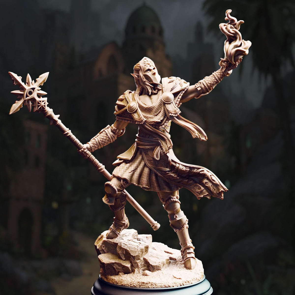 A detailed 3D model of a warrior figure, holding a staff and wielding a weapon, standing in a dark, fantastical setting.
