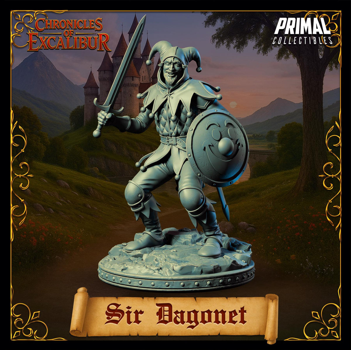 A statue of Sir Dagonet, a jester-like figure, stands in a medieval setting with a castle in the background.