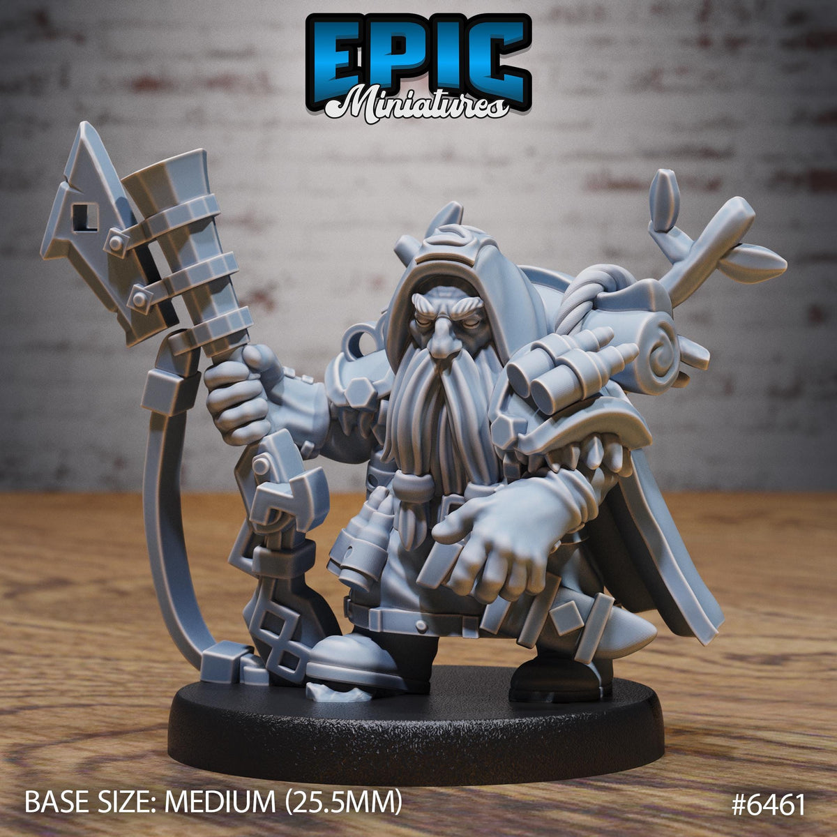A detailed 3D model of a dwarf character, likely from the video game Epic Miniatures, with various mechanical and mechanical elements. The character is depicted in a crouched position, holding a large hammer-like weapon. The image is labeled with the base size, medium size, and dimensions, as well as the number #6461.