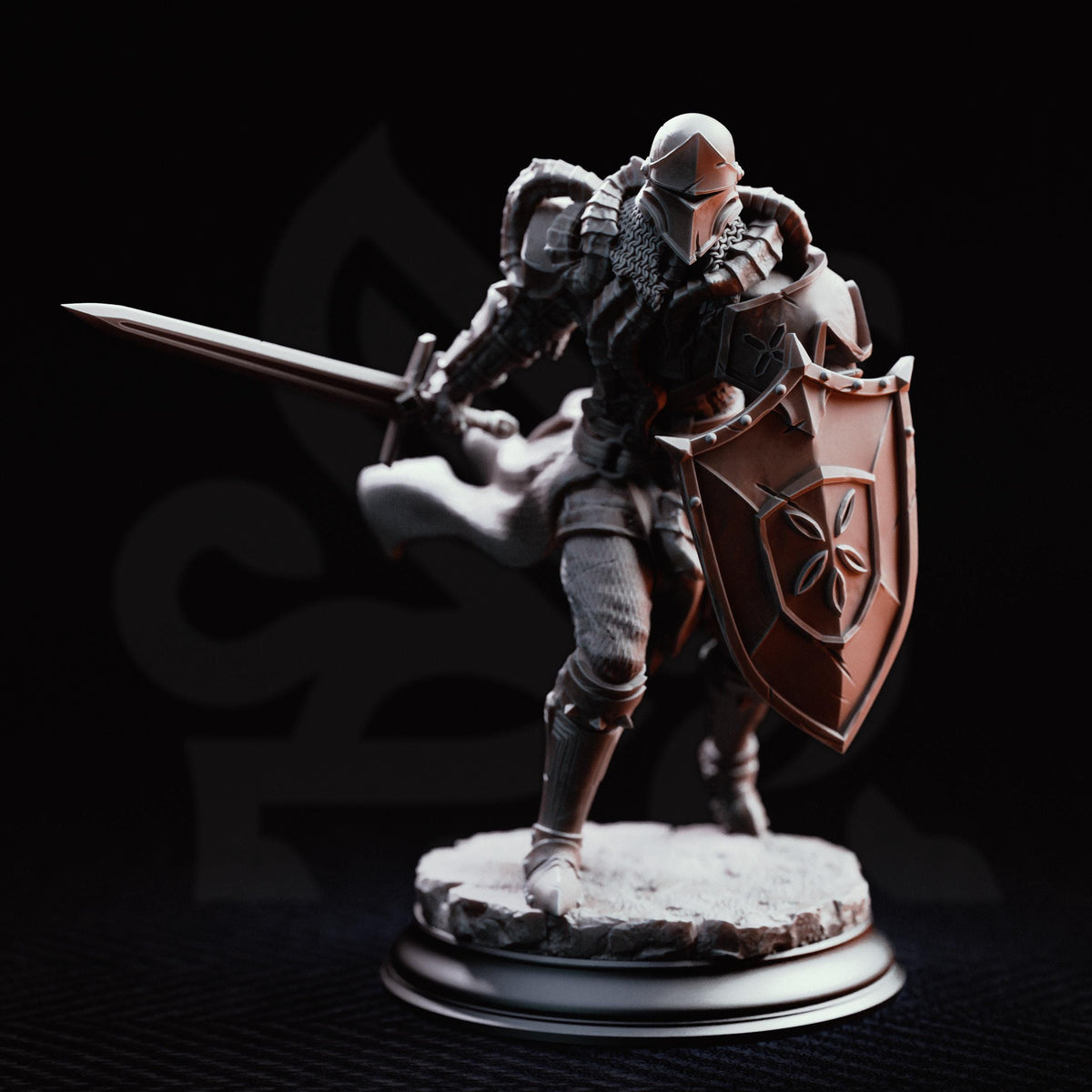 A detailed 3D model of a knight in armor, holding a sword and shield, standing on a base.