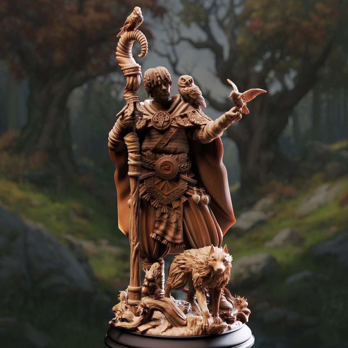 A detailed sculpture of a figure holding a staff and a bird, surrounded by various animals, set against a forest background.