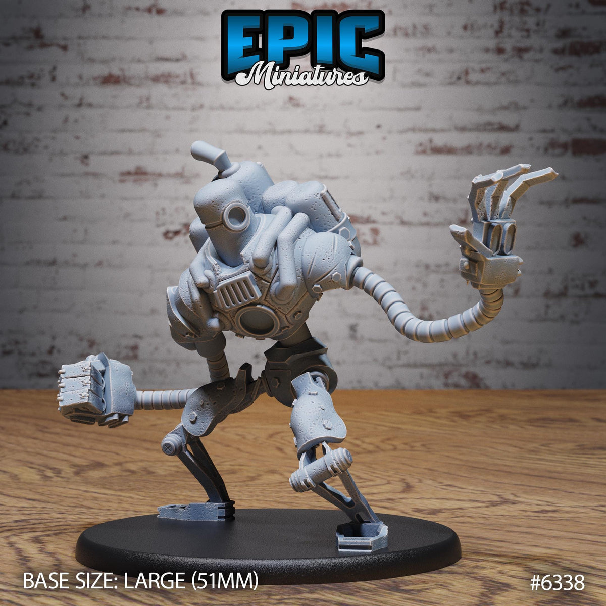 A 3D model of a robotic arm or mechanical figure, likely a character from a video game or other digital media. The figure is depicted in a dynamic pose, with its arms and legs spread out, and it appears to be made of a gray or silver material. The background is a brick wall, which adds a rustic or industrial touch to the overall composition. The image is labeled with the text "Epic Miniaturized" and "BASE SIZE: LARGE (511mm)" indicating the scale and size of the model.