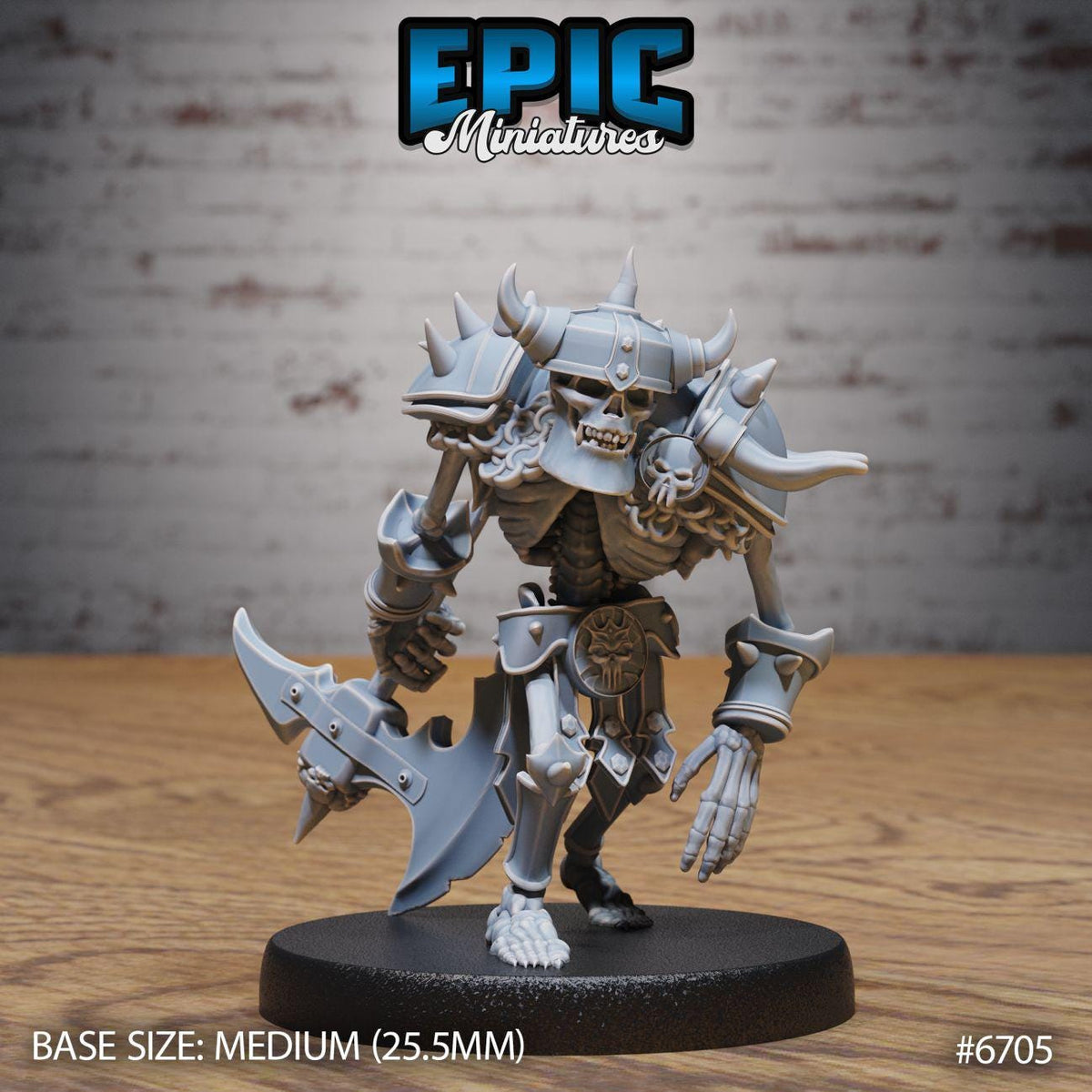 A detailed model of a skeletal warrior figure, likely from the video game Epic Miniatures, standing on a black base. The figure is wearing a helmet with spikes and is holding a large weapon in its right hand. The background is a brick wall, providing a contrast to the warrior figure. The image is labeled with the base size, medium size, and the number #6505.