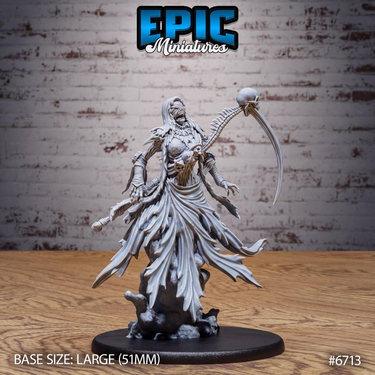 A figurine of a female character with a long, flowing dress and a large skull-like weapon, standing on a black base.