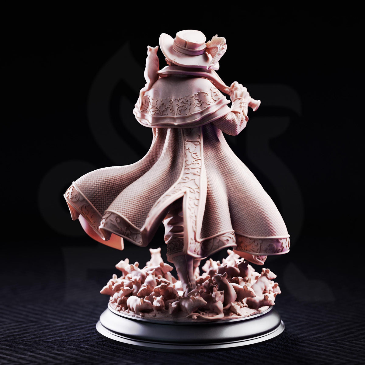 A figurine of a person wearing a long, flowing robe and hat, standing on a base with a pattern of small animals, against a dark background.