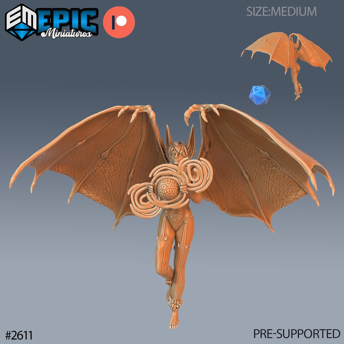 The image is a 3D model of a winged creature, possibly a dragon or bat-like creature, with a human-like body and wings. The creature is holding a spherical object, possibly a gem or orb, in its hands. The creature is depicted in a detailed and realistic manner, with the wings spread wide and the body oriented towards the viewer. The image does not contain any text or additional objects, and the creature is the sole focus of the image.