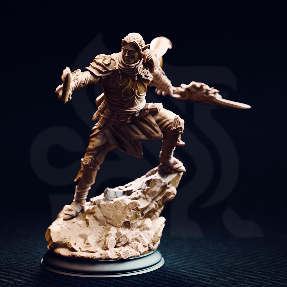 A bronze statue of a warrior figure standing on a rocky outcrop, holding a sword and shield, against a dark background.