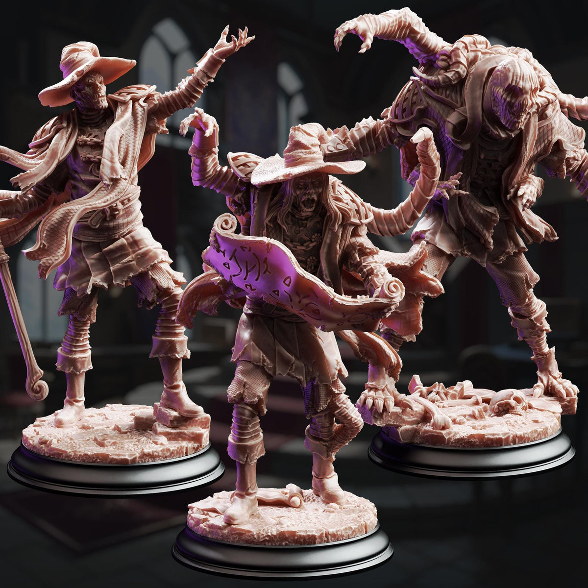 three figurines of fantastical creatures, each with unique poses and expressions, set against a dark background.