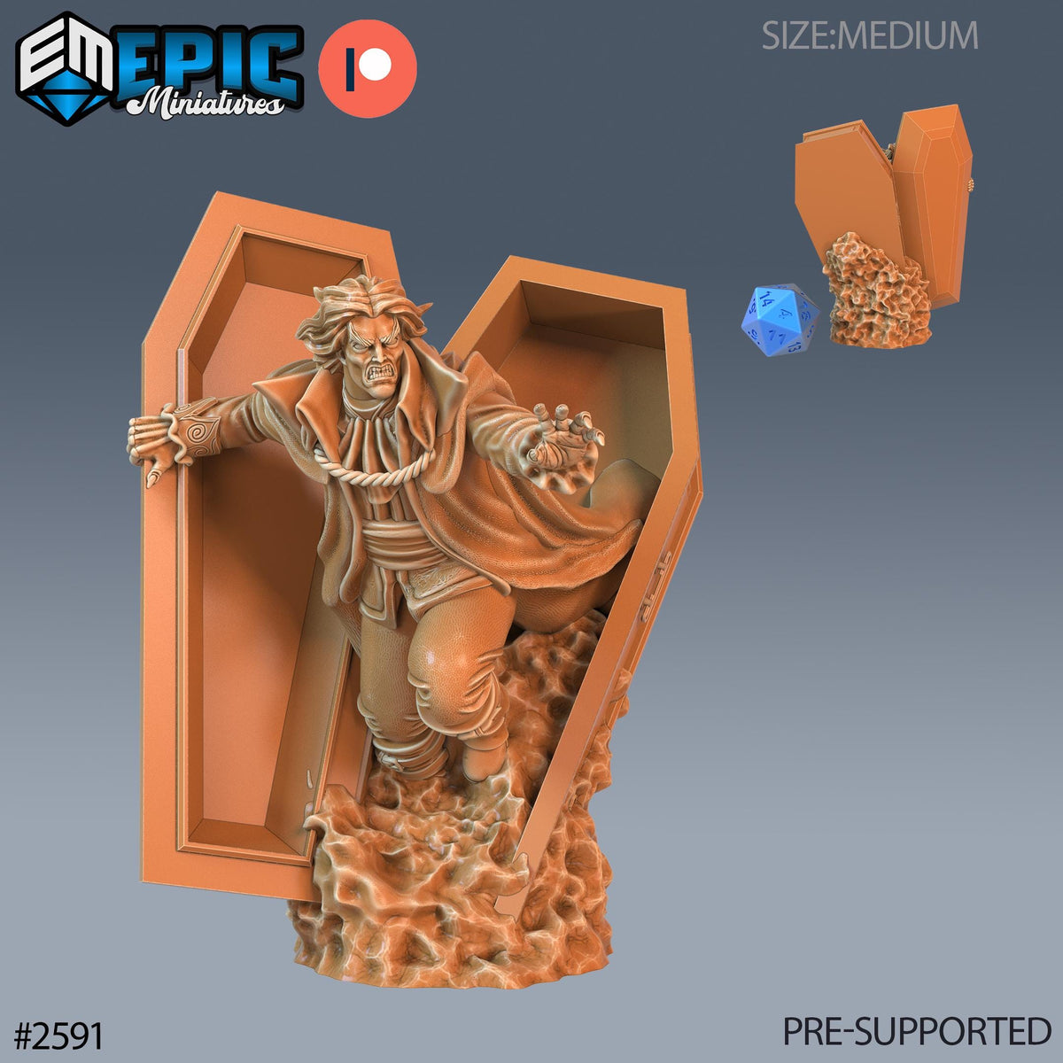The image is a 3D model of a statue of a man in a casket, with a skull and a gemstone. The statue is made of a brown material and is depicted in a dynamic pose. The image is pre-supported, and it is a part of the Epic Miniatures collection.