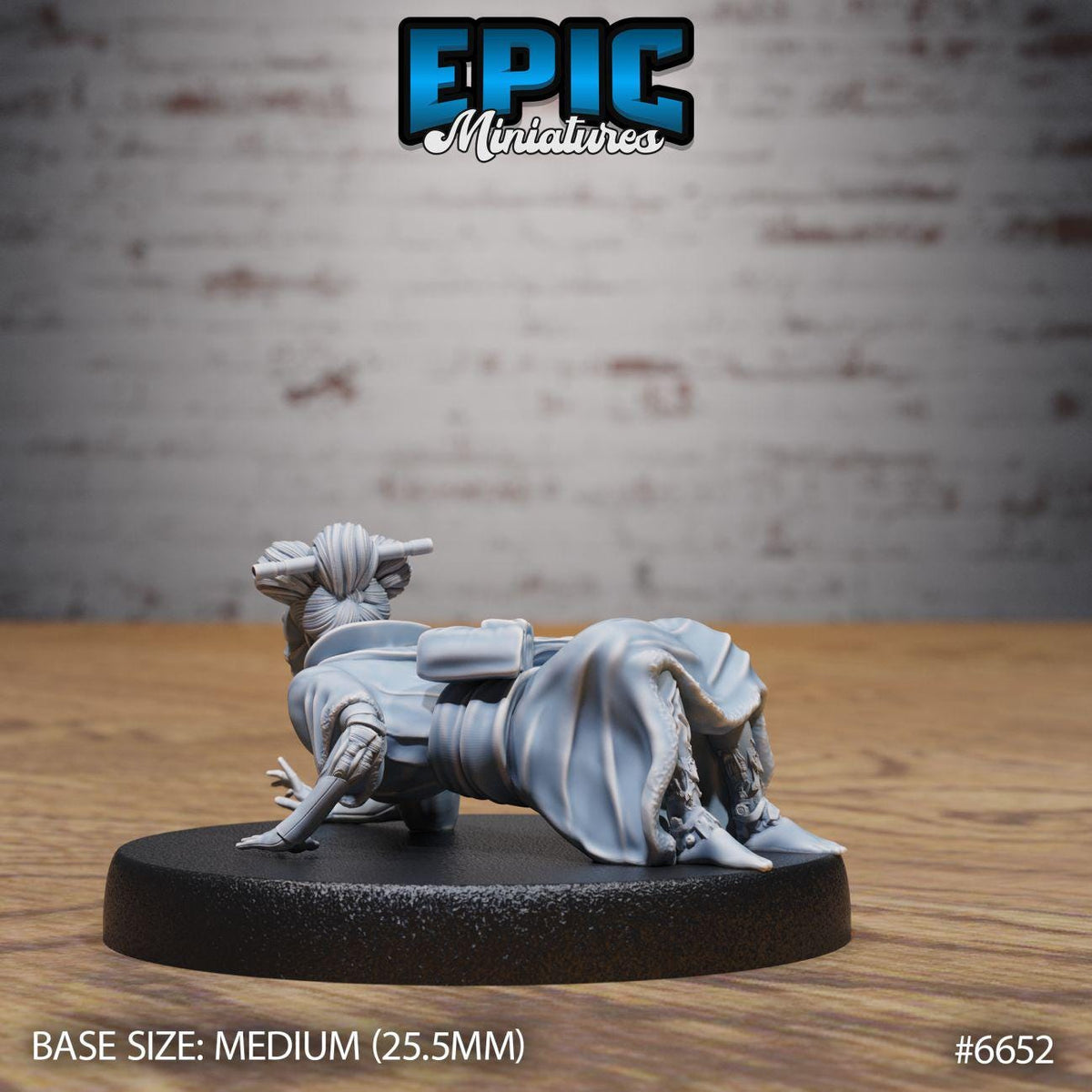 A miniature figurine of a person sitting on a platform, with the text "EPIC Miniatures" and "BASE SIZE: MEDIUM (25.5mm)" visible.