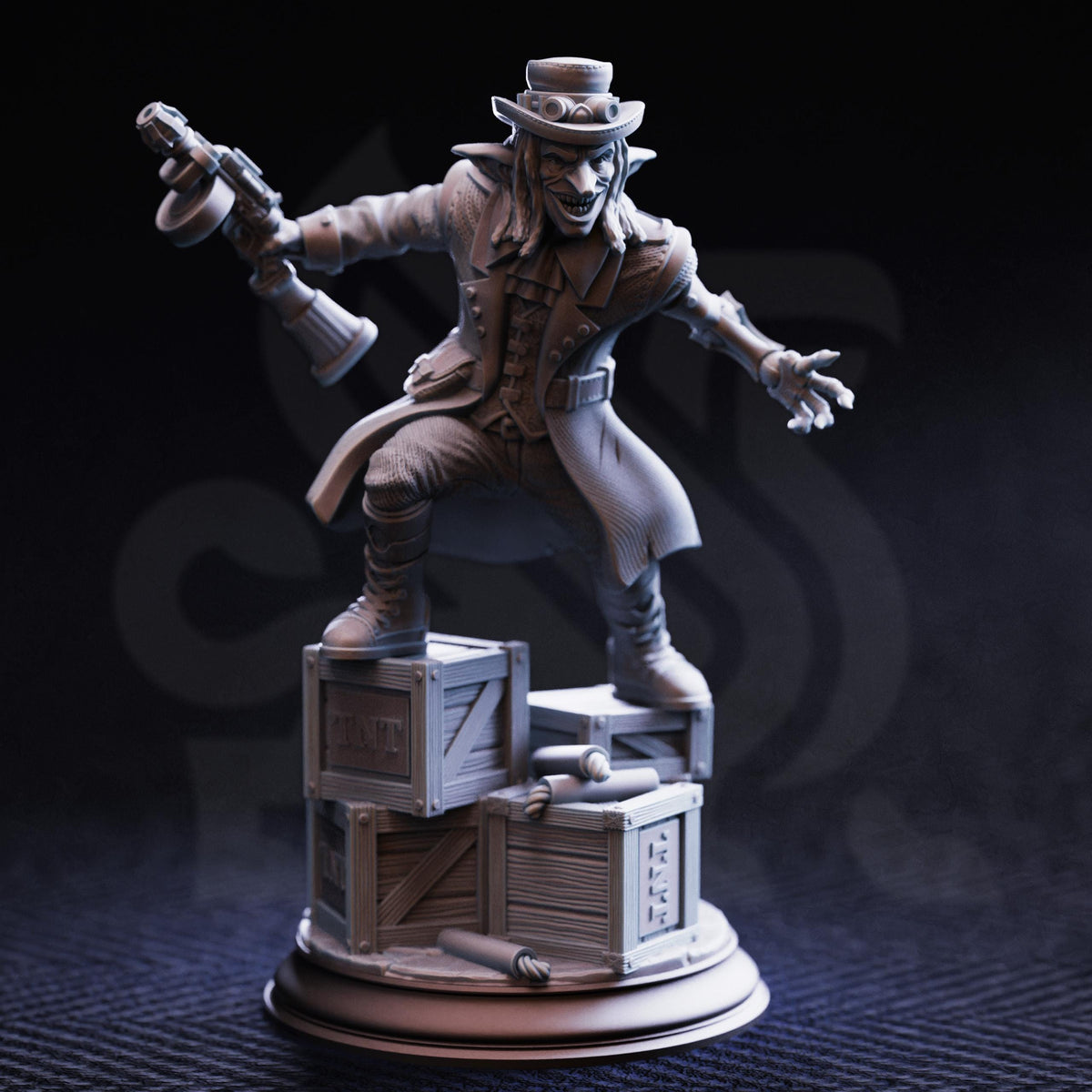 A 3D rendering of a character in a whimsical pose, standing on a stack of wooden crates and holding a lantern.