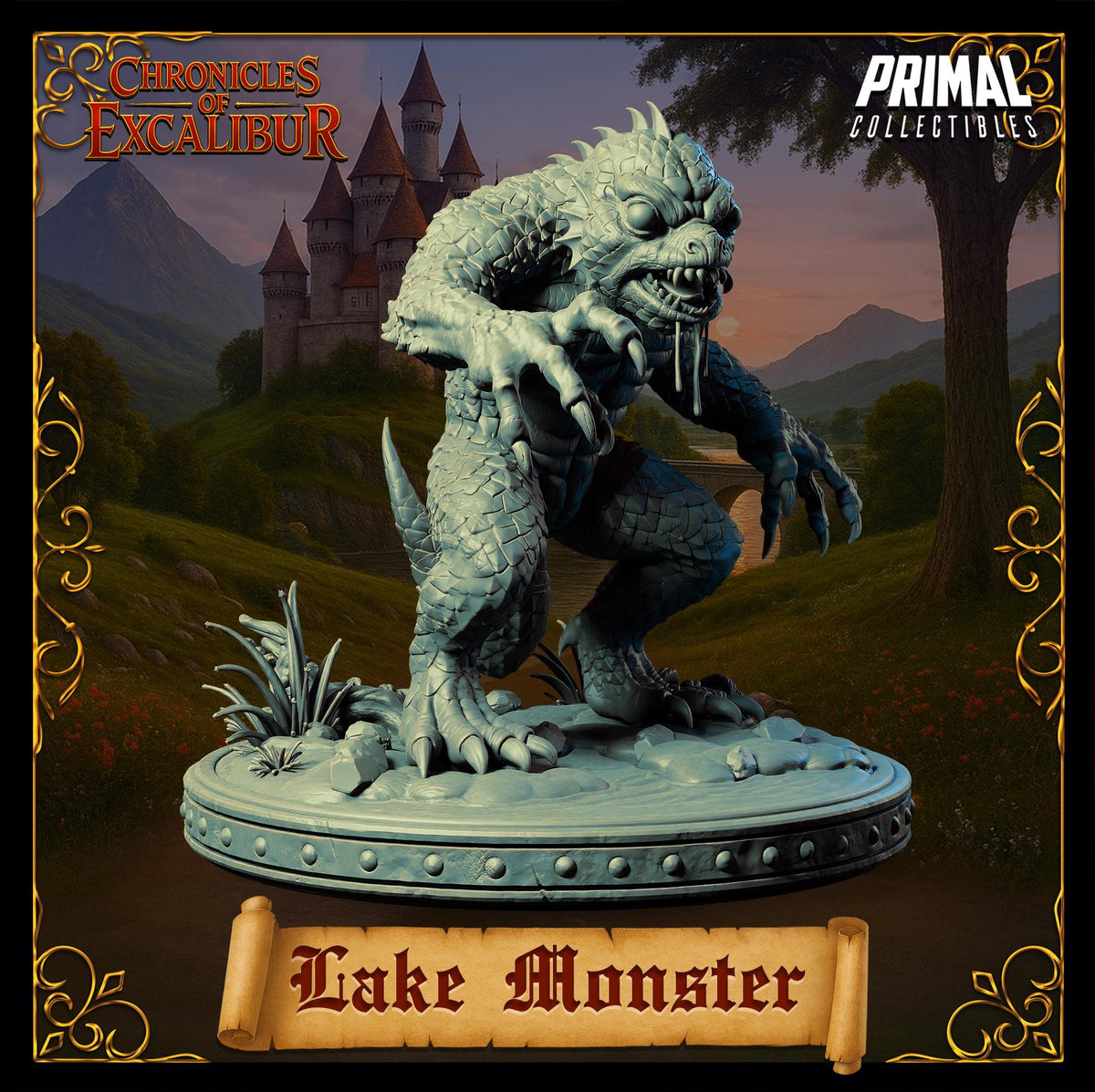 A 3D model of a large, menacing-looking creature resembling a monster or dragon, standing on a pedestal and positioned in front of a castle-like structure.
