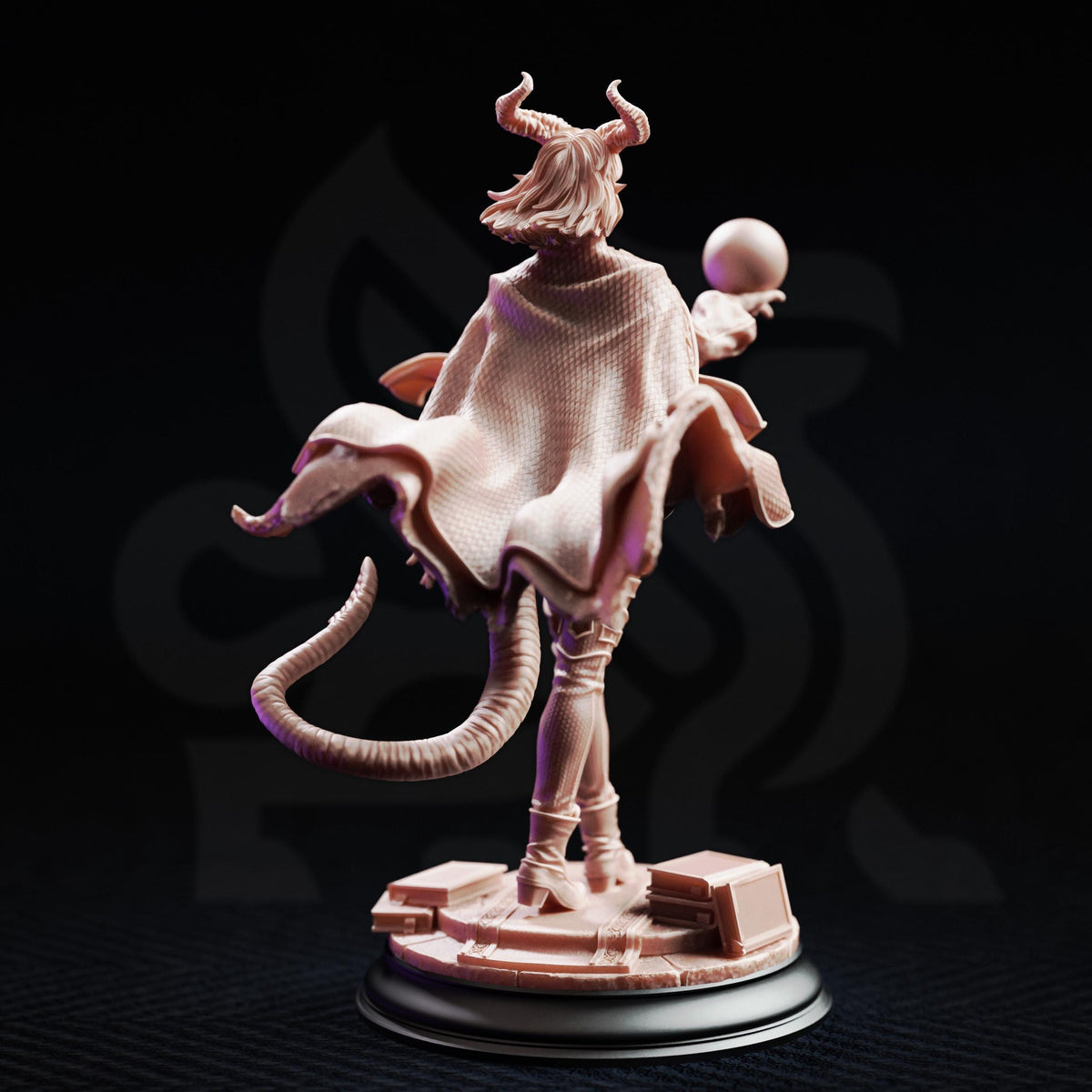 A figurine of a woman with horns, wearing a flowing robe and holding a ball, is depicted against a dark background.