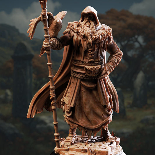 A detailed 3D model of a fantasy character, possibly a wizard or magical being, standing in a natural setting with trees and mountains in the background.