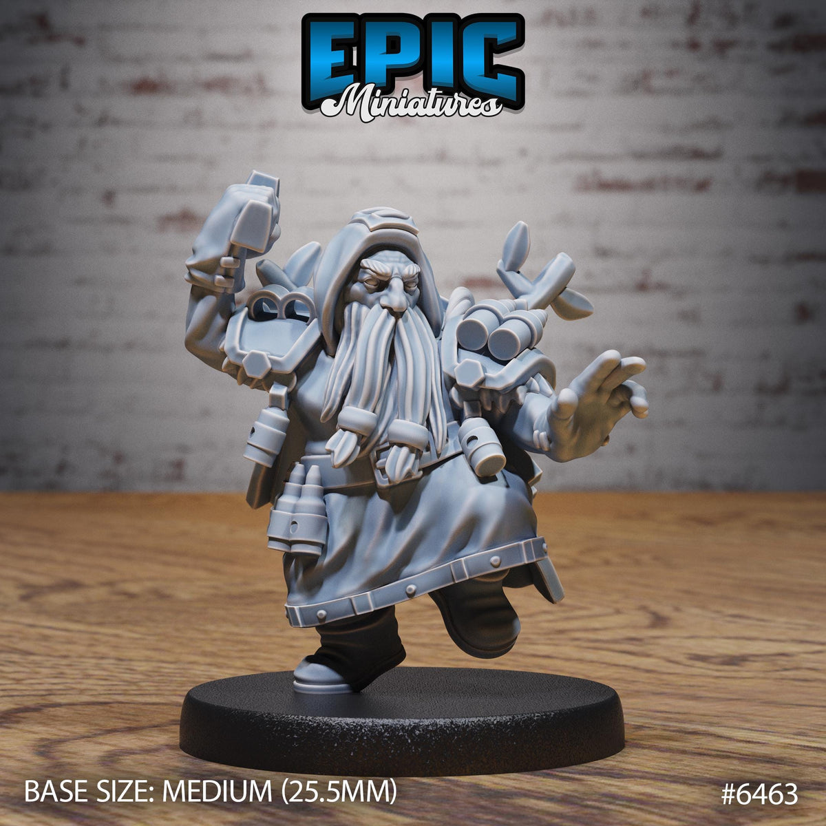 A 3D model of a dwarf character from the video game Epic Miniatures, standing on a black base and holding a shield in one hand and a shield in the other.