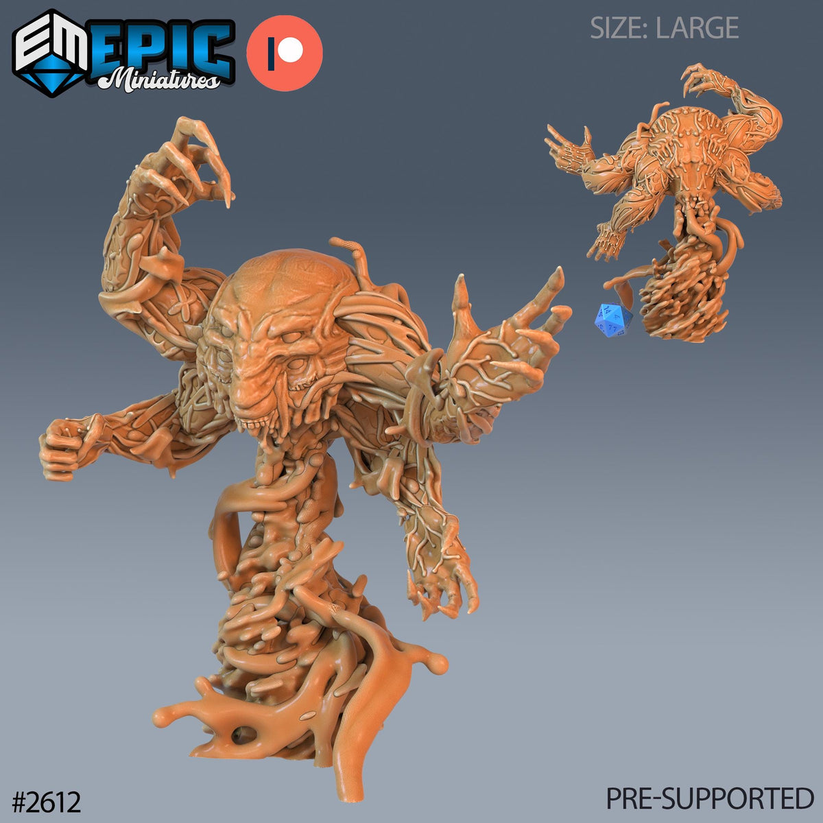 The image is a 3D rendering of a large, intricate, and detailed figurine of a creature with multiple arms and a complex, organic structure. The creature appears to be made of a material that resembles a combination of organic and inorganic elements, giving it a unique and visually striking appearance. The image is pre-supported, meaning it is ready to be used in a game or other digital media.