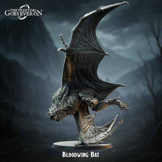 A detailed 3D model of a Bloodwing Bat, a mythical creature with the body of a bat and the wings of a bat, standing on a pedestal against a dark, stormy background.