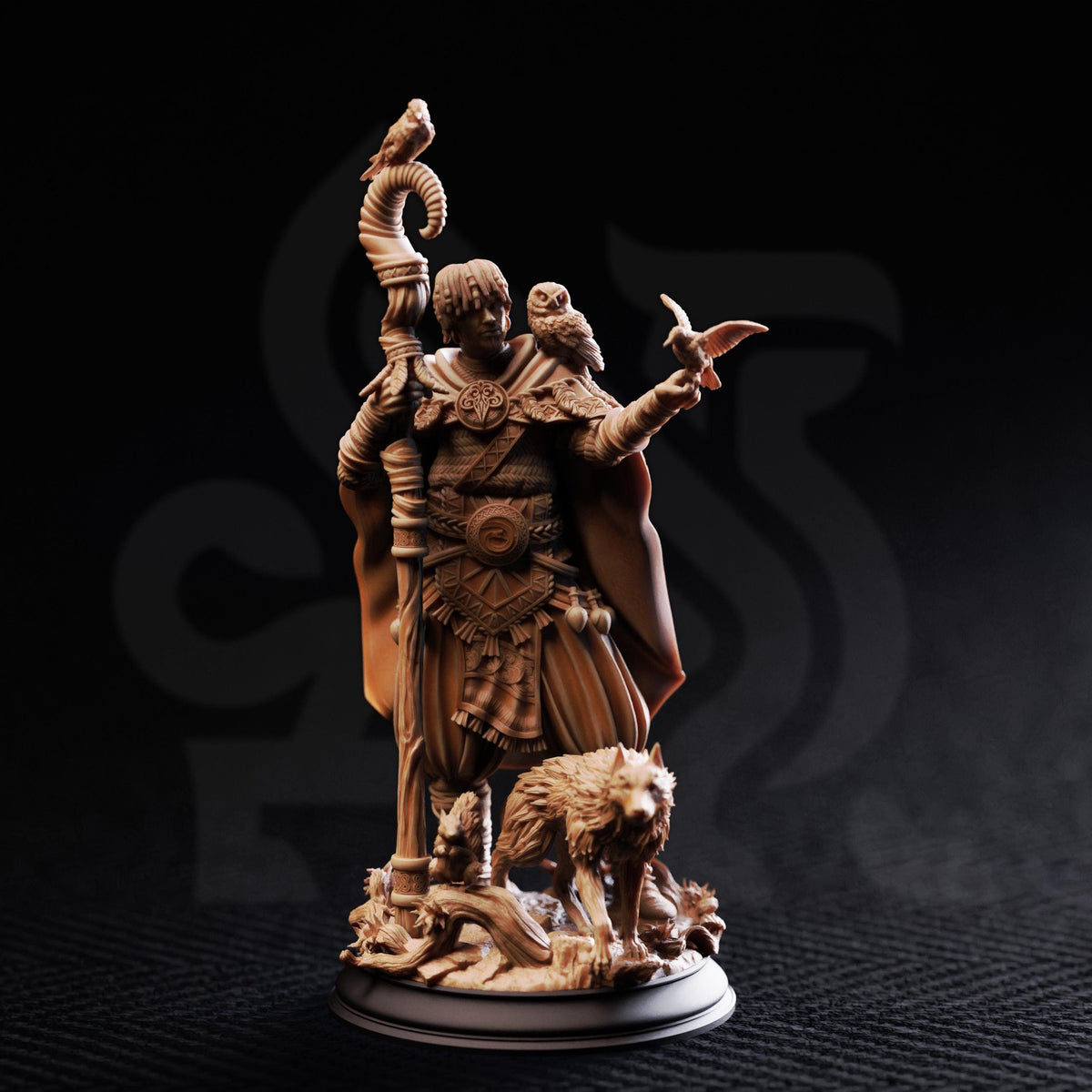 A detailed figurine of a warrior figure, adorned with various symbols and insignia, stands on a base surrounded by animals.