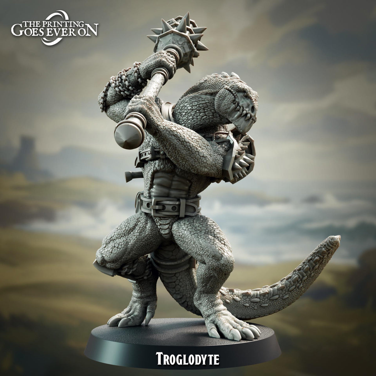 A detailed 3D model of a Troglodyte, a mythical creature from the fantasy world of The Printing Goes Ever On. The Troglodyte is depicted in a dynamic pose, wielding a large weapon and standing on a platform.