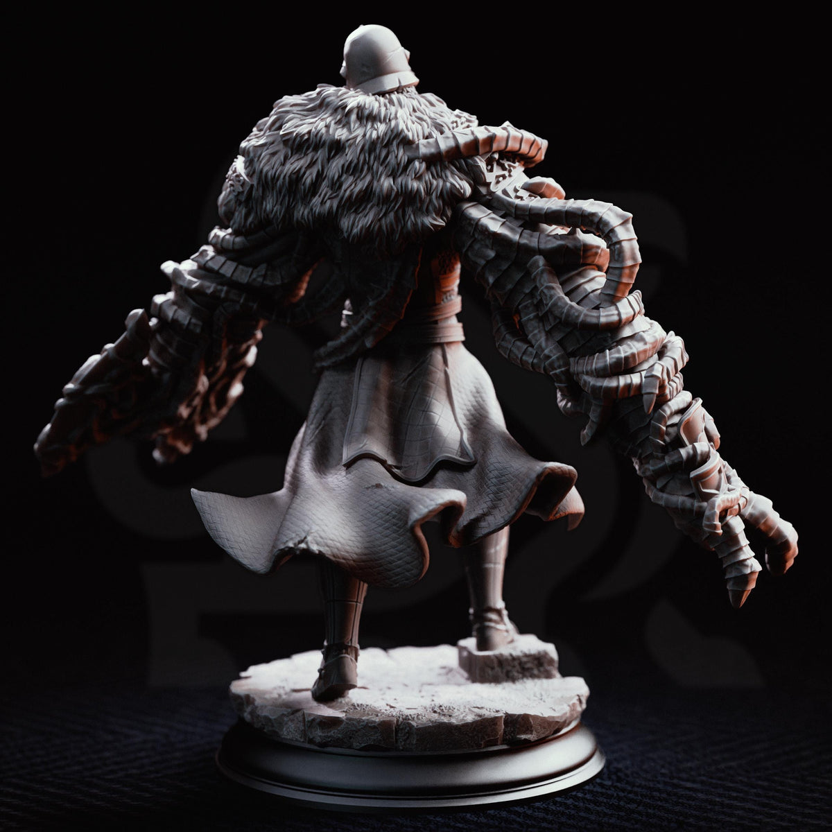 A detailed 3D model of a fantasy character with a large, furry headdress and a flowing skirt, standing on a platform against a dark background.