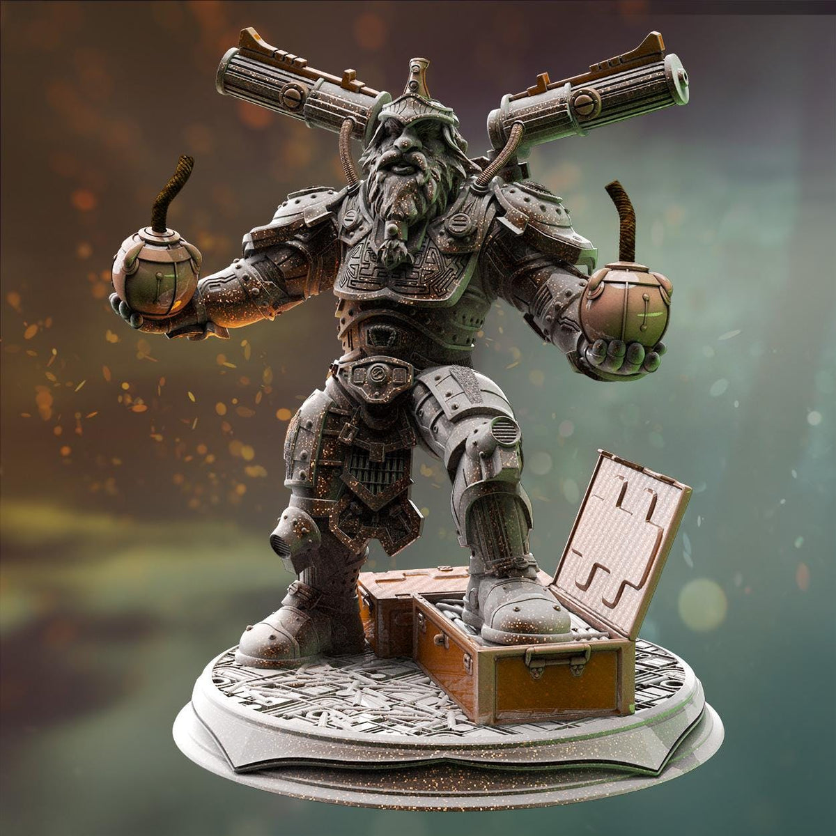 A detailed 3D rendering of a heavily armored and armed fantasy character, possibly a dwarf or gnome, standing on a platform and holding a large explosive device in each hand.