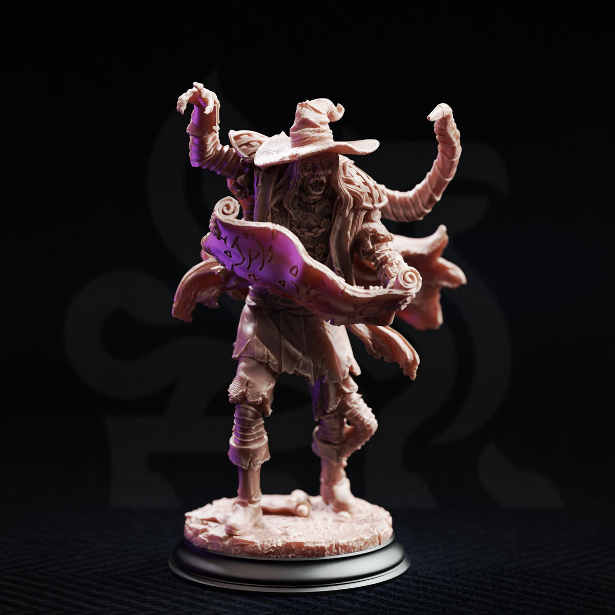 A figurine of a wizard or magical figure, with intricate details and a flowing robe, stands on a pedestal against a dark background.