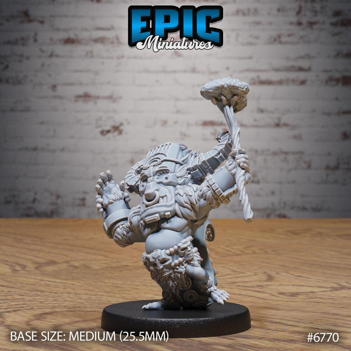 A detailed model of a character from the video game Epic Miniatures, featuring a large, imposing figure with a beard and a staff. The character is standing on a black base and is positioned in front of a brick wall. The image is labeled with the text "BASE SIZE: MEDIUM (25.5MM)" and "#6770".
