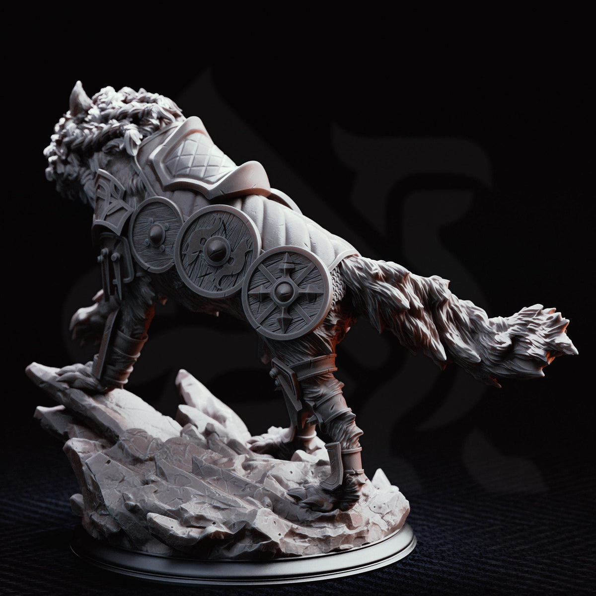 A detailed 3D model of a wolf-like creature, possibly a wolf or a wolf-like animal, standing on a rocky surface. The creature is adorned with various armor-like elements and has a fierce expression on its face.