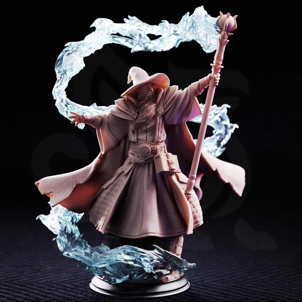 A detailed figurine of a wizard or magical figure, holding a staff and surrounded by swirling energy or water.