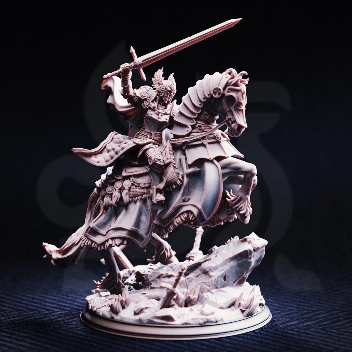 A detailed 3D model of a knight on horseback, holding a sword and riding a large, ornate horse.