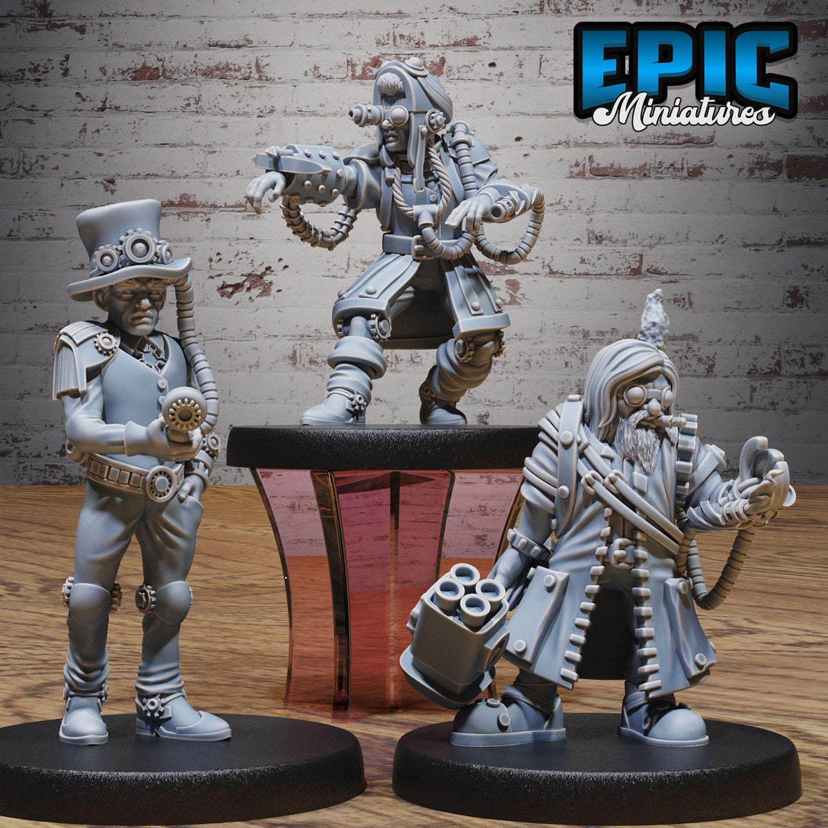 three figurines of characters from a video game, each with unique poses and accessories.