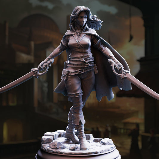 A 3D model of a female character with long hair, wearing a cape and holding two swords, standing on a pedestal.