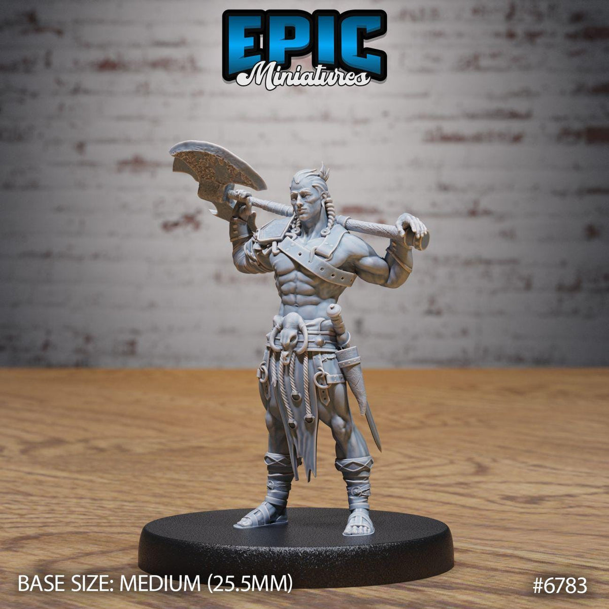 A figurine of a muscular warrior standing on a black base, holding a sword and shield, against a brick wall background.