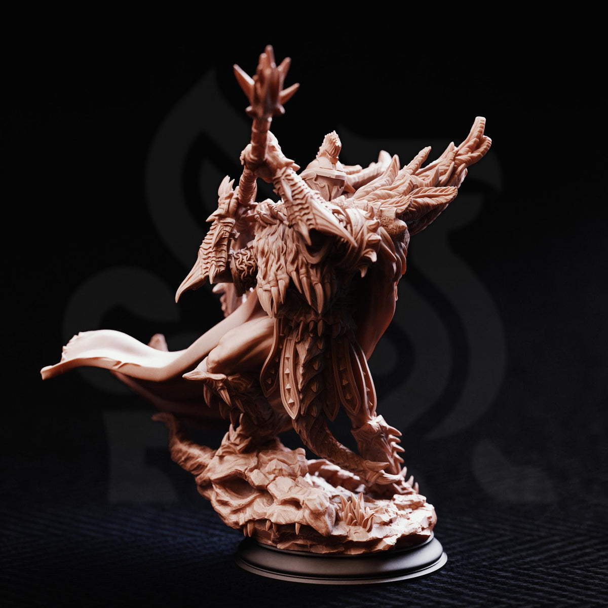 A detailed, intricate figurine of a fantastical creature, possibly a dragon or serpent, with ornate, textured features and a flowing, dynamic pose.